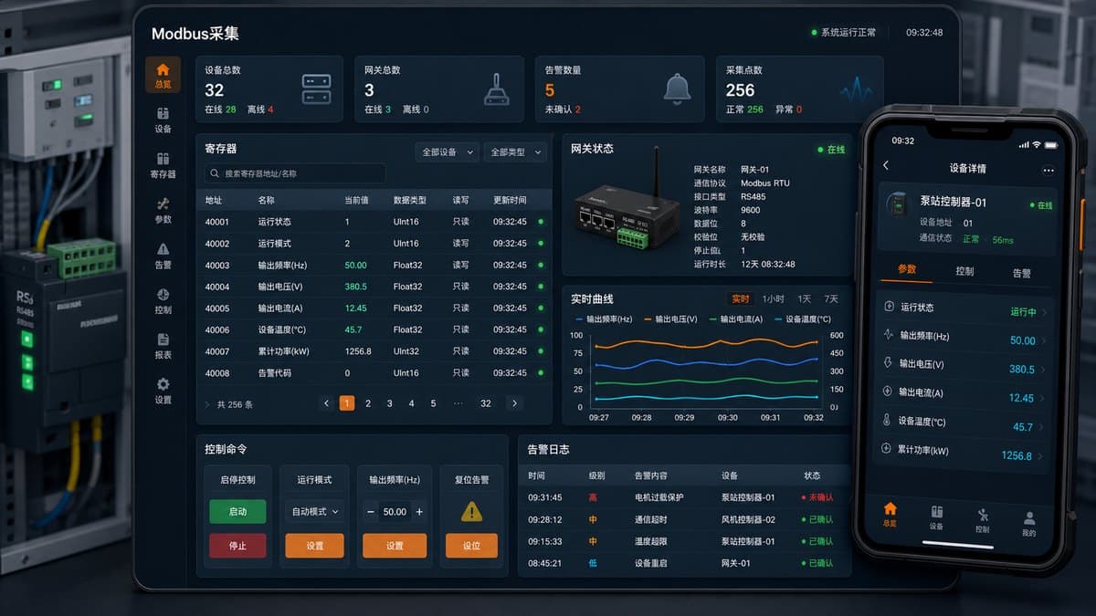 Modbus 控制器数据采集和移动端控制 UI 界面图