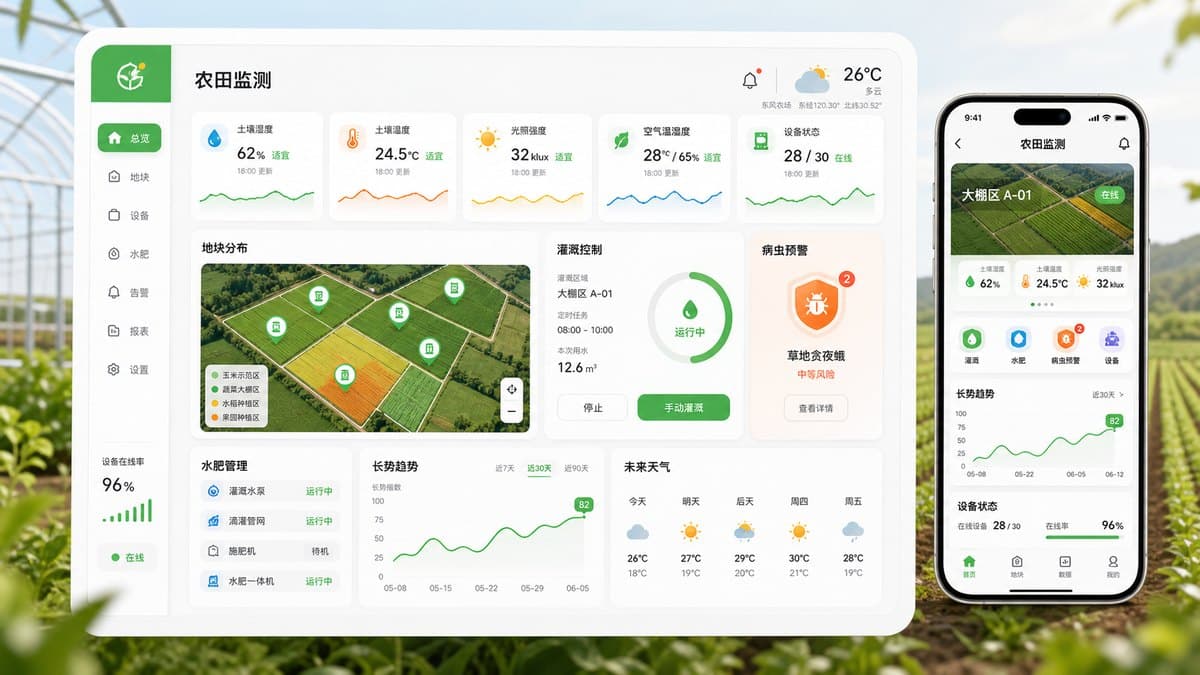 智慧农业农田监测和灌溉控制平台 UI 界面图